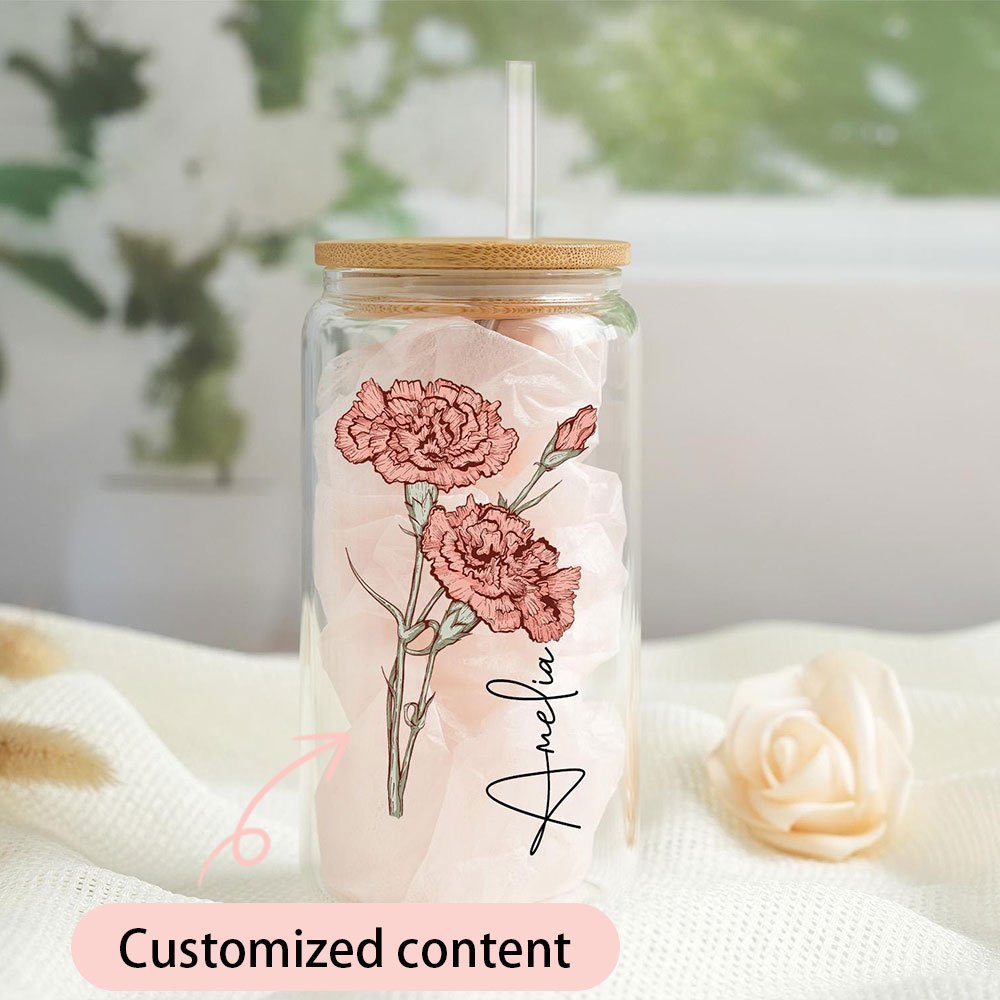 Coffee Equipment Names - Personalisierter Geburtsblumen-Glasbecher mit Bambusdeckel und Strohhalm,