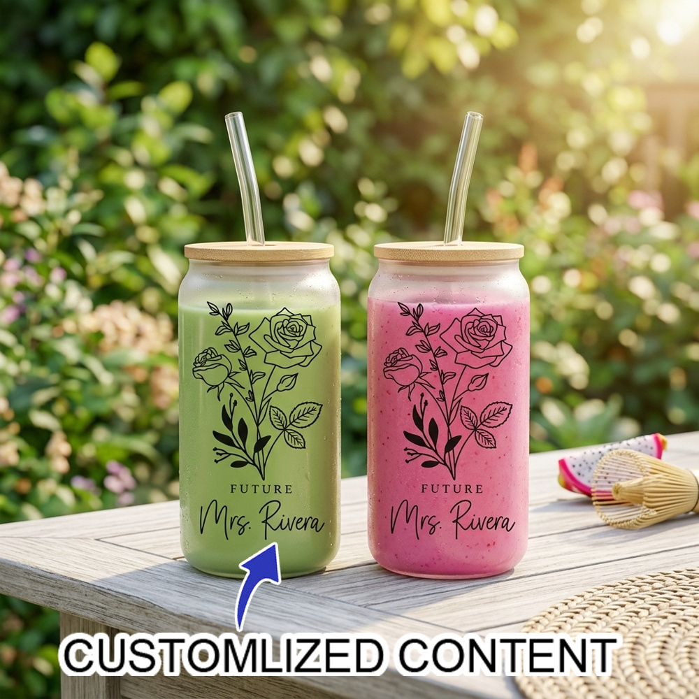 Coffee Equipment Names - Personalisierte Glasbecher mit Namen, Individueller Blumen-Eiskaffeebecher,